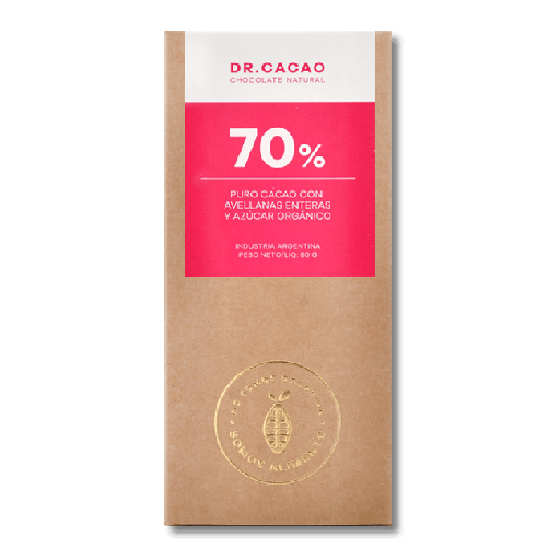 Chocolate al 70% relleno con avellanas 80g Dr Cacao